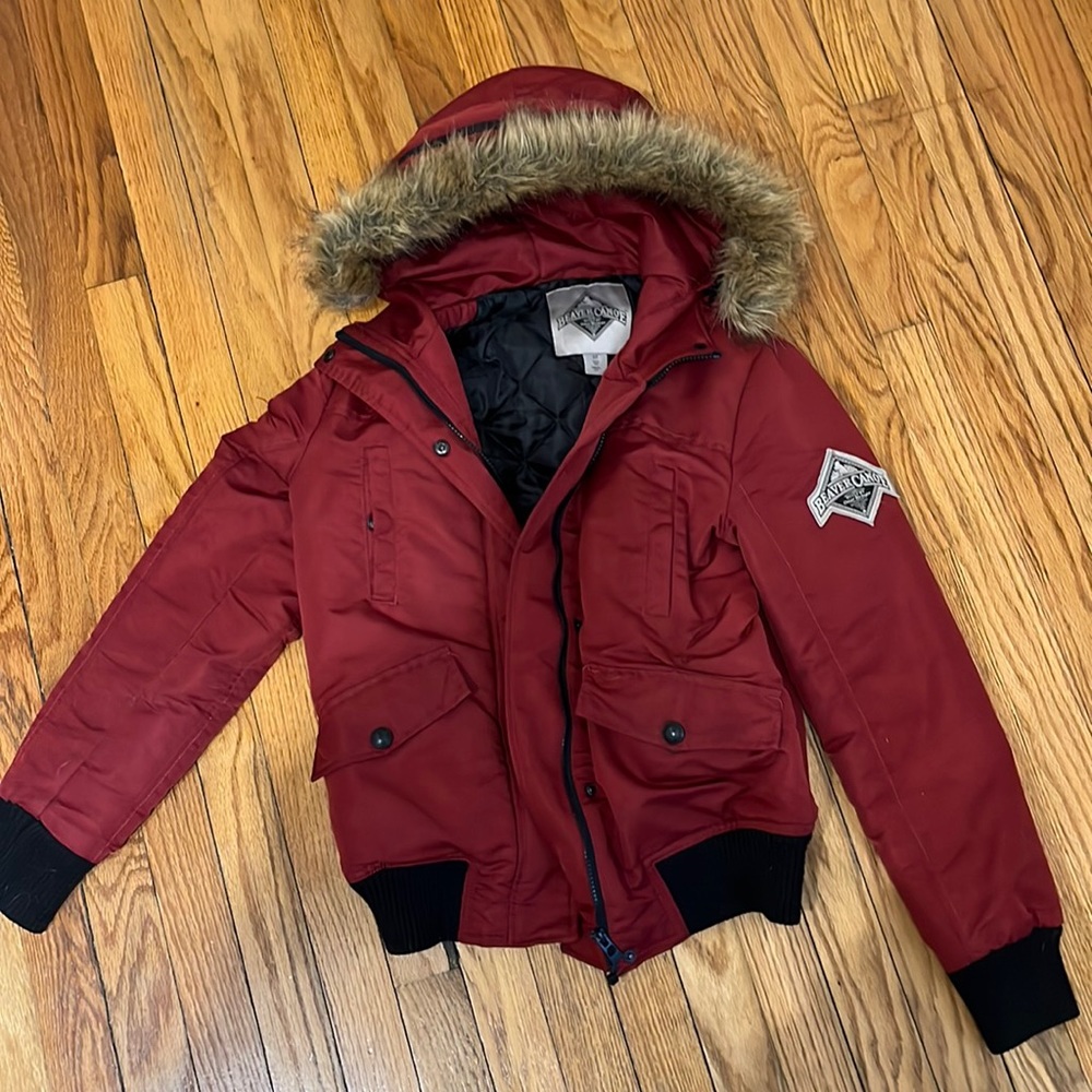 Burgundy Winter Coat w Fur Trimmed Hood- S